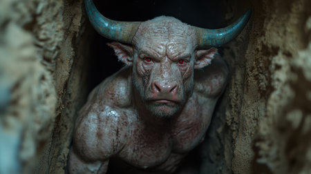 Fearsome demonic creature with horns and red eyesの素材