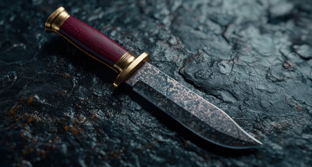 Ornate dagger with a red handle and gold accents on a dark, textured surfaceの素材