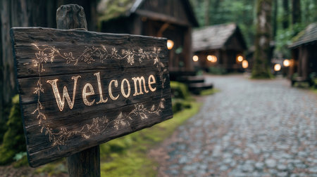 Rustic wooden welcome sign in a forest settingの素材