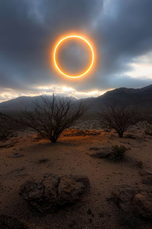 Dramatic solar eclipse in desert landscapeの素材