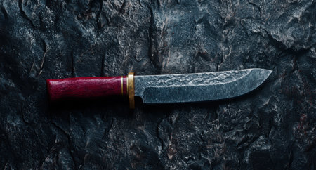 Closeup of a sharp hunting knife with a red handleの素材