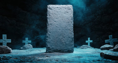 Mysterious gravestone in dark foggy forestの素材