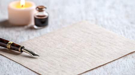 writing tools and candle on wooden tableの素材