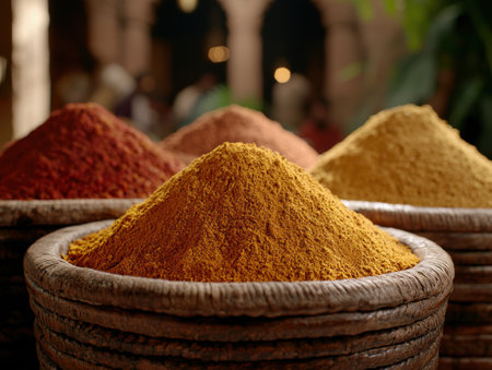 Assortment of colorful spices in wooden bowlsの素材