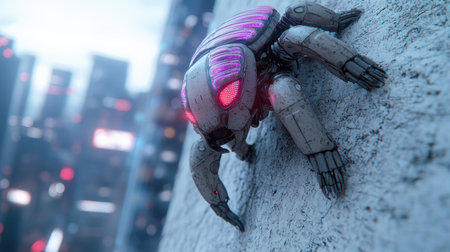 Futuristic robot climbing on a concrete wallの素材