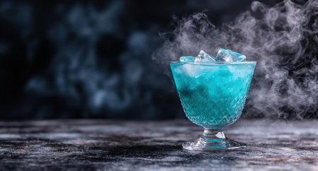 Smoking blue cocktail with ice in glassの素材