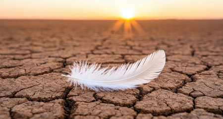 Lone feather in a dry, cracked desert landscape at sunsetの素材