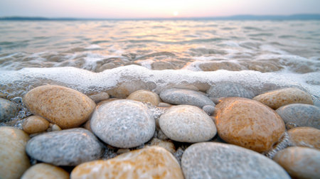 Serene sunset over tranquil lake with smooth pebblesの素材