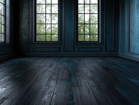 dark wooden interior with large windowsの素材