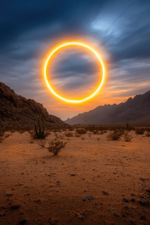 Dramatic sunset with glowing ring in desert landscapeの素材