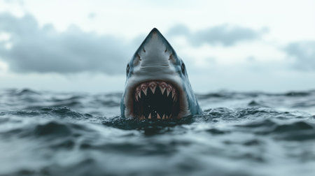 Fearsome shark with open jaws emerging from the oceanの素材