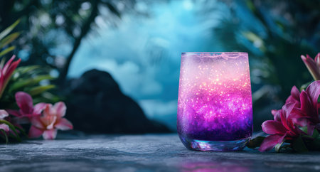 Vibrant cocktail with sparkling lights in tropical gardenの素材