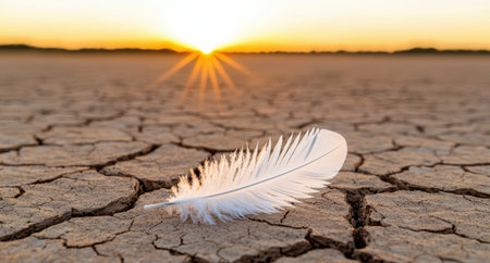 Lone feather on cracked desert ground at sunsetの素材