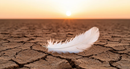 Lone feather on cracked desert ground during sunsetの素材