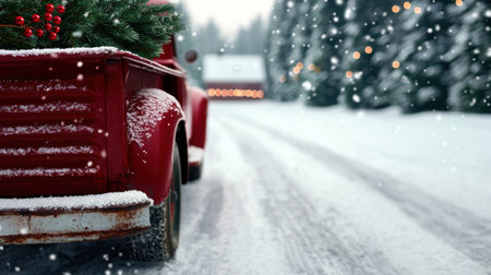 Snowy winter scene with a vintage red truckの素材