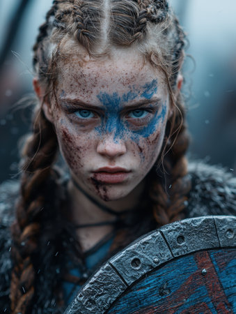 fierce warrior woman with war paint and shieldの素材
