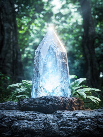 Glowing crystal in lush forestの素材