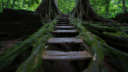 Enchanting moss-covered staircase in lush forestの素材