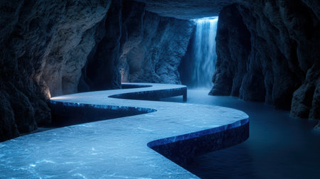 Magical underground waterfall in a dark caveの素材