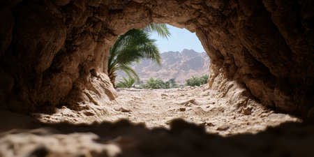 Scenic desert oasis with palm trees and mountain backdropの素材