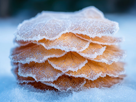 Frost-covered orange slice on icy surfaceの素材