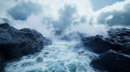 Dramatic stormy ocean landscape with crashing waves and rocky cliffsの素材