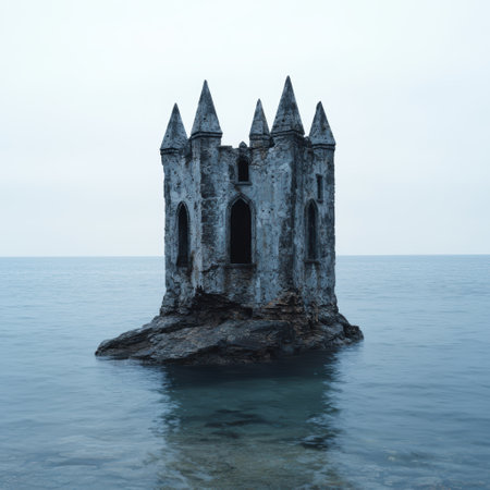 Mysterious castle on a rocky island in the oceanの素材