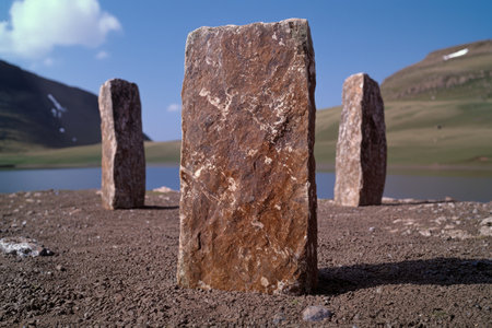 Mysterious stone monoliths in a remote landscapeの素材