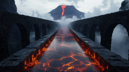 Dramatic volcanic landscape with fiery lava flowの素材