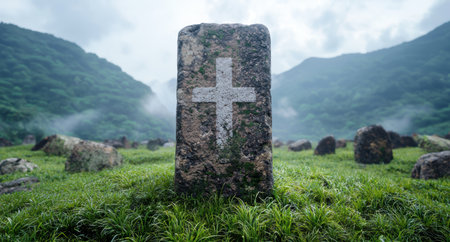 ancient stone cross in misty mountain landscapeの素材