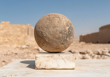 ancient stone sphere on marble pedestalの素材