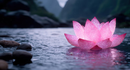 Glowing lotus flower in tranquil lake at nightの素材