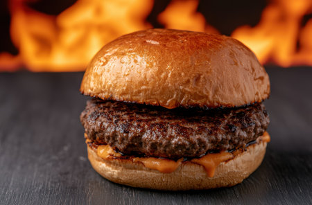 Delicious cheeseburger with melted cheese and flames in the backgroundの素材