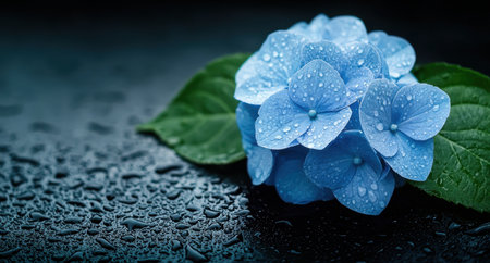 Vibrant blue hydrangea flowers with water dropletsの素材