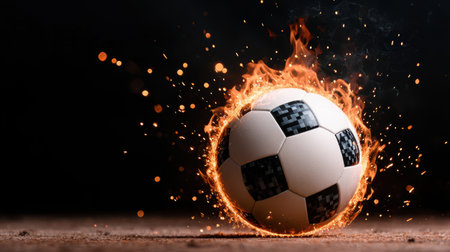Flaming soccer ball on dark backgroundの素材