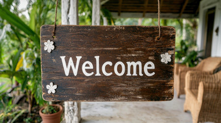 Rustic wooden welcome sign hanging in tropical gardenの素材