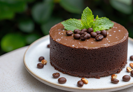 Delicious chocolate cake with coffee beans and mint leavesの素材
