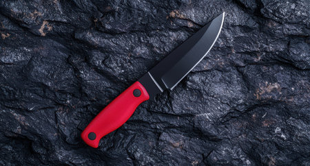 Closeup of a sharp black and red folding pocket knife on a dark stone backgroundの素材