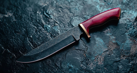 Closeup of a sharp hunting knife with a red handle on a dark rocky surfaceの素材