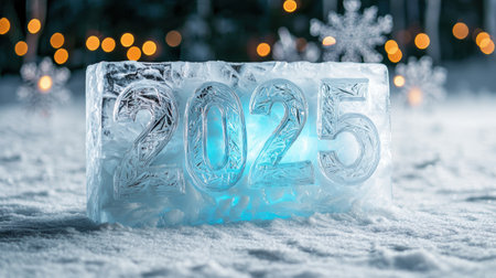 Icy winter wonderland with glowing 2025 numbersの素材