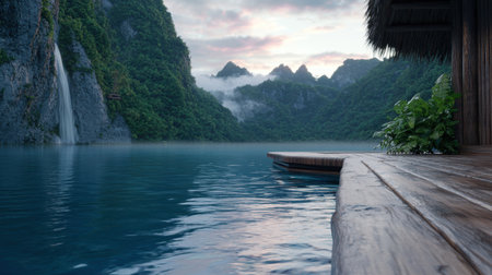 serene mountain lake with waterfall and wooden dockの素材