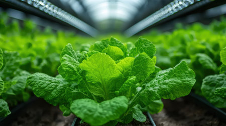 Lush green leaves in a greenhouseの素材