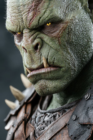 Close-up of a detailed and textured alien creature faceの素材