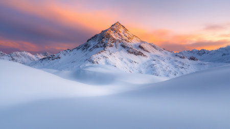 Snowy mountain peak at sunsetの素材