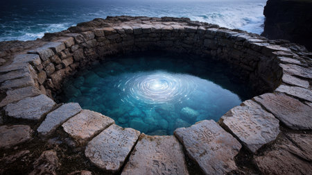 Tranquil natural pool surrounded by rugged rock formationの素材