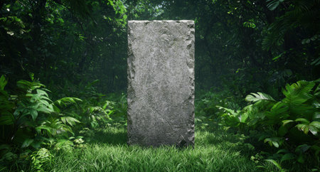 Mysterious stone monolith in lush jungle landscapeの素材