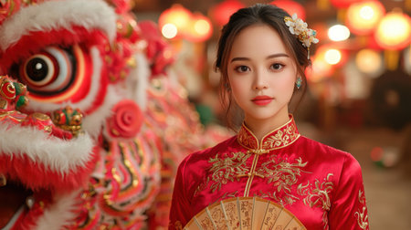 asian woman in traditional red dress with chinese new year decorationsの素材
