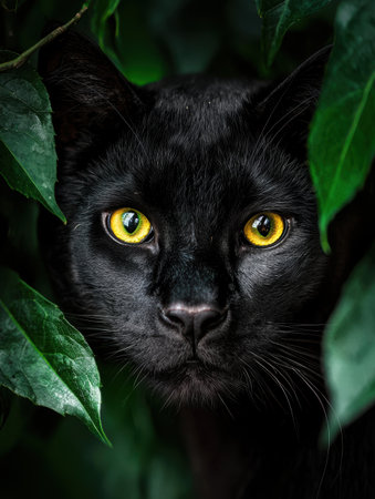 Mysterious black cat with glowing yellow eyes peering through lush green leavesの素材