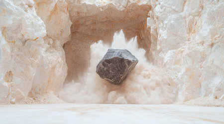 Dramatic waterfall cascading through rocky caveの素材