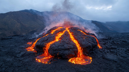 Dramatic volcanic eruption with molten lava flowingの素材